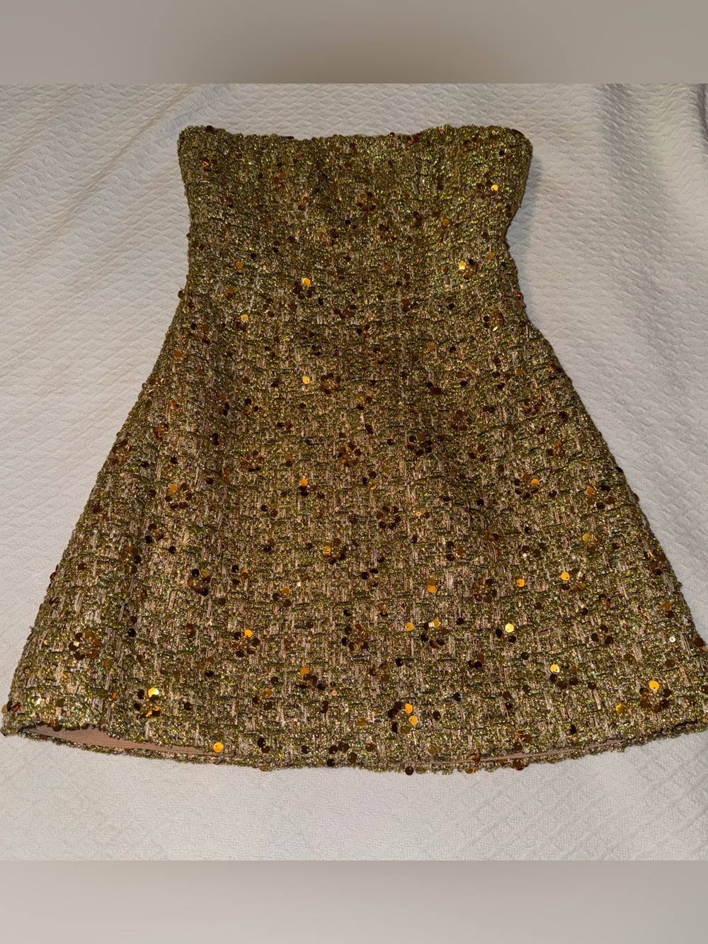 Gold Sequin Tweed Strapless Dress